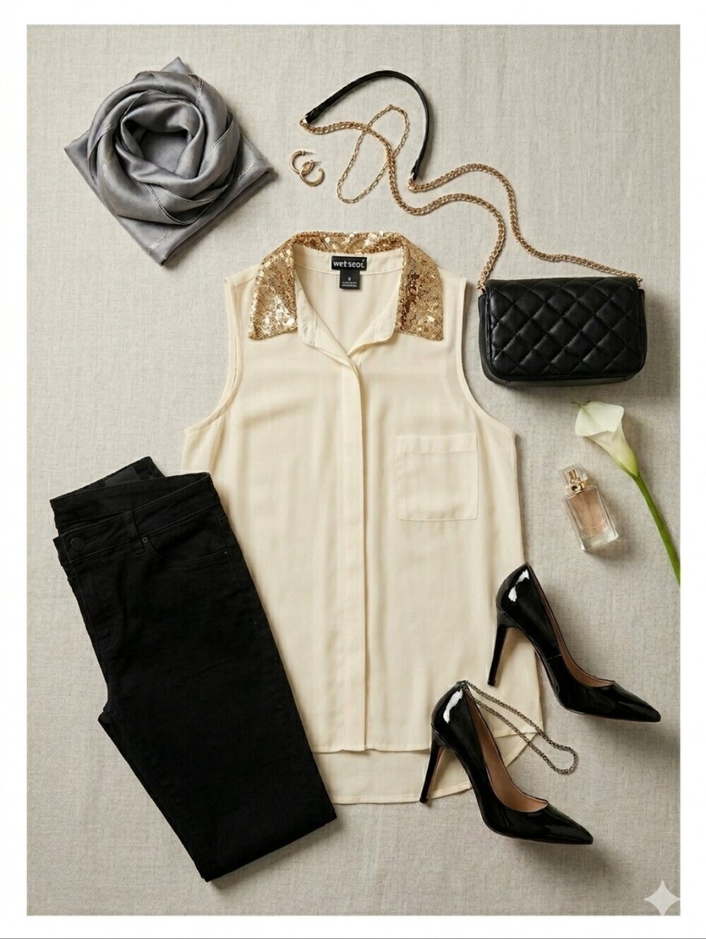 Wet Seal Sheer Button Up Sleeveless Blouse With Gold Colored Sequin Collar